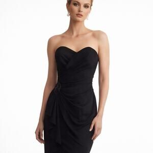 Vintage 90s Black Strapless Ruched Cocktail Dress Minimalist Gala Style Size 4